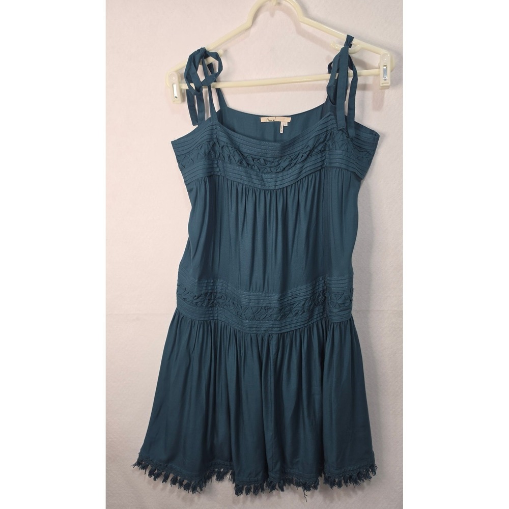 Anthropologie Floreat Teal Blue Embroidered Fringe Tie Strap Mini Dress Small